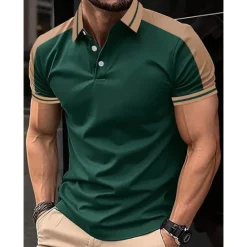 Clearance OUKU Men's Button Up Polos Golf Shirt Casual Holiday Lapel Short Sleeve Fashion Basic Color Block Patchwork Embroidered Summer Regular Fit Wine Black Navy Blue Green Light Blue Grey Button Up Polos