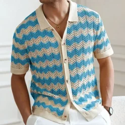 Outlet OUKU Men's Button Up Polos Golf Shirt Casual Sports Lapel Short Sleeve Fashion Basic Lines / Waves Buttons Summer Yellow Blue Brown Button Up Polos