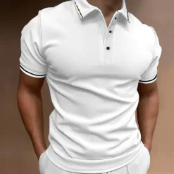 OUKU Men's Button Up Polos Golf Shirt Casual Sports Ribbed Polo Collar Classic Short Sleeve Fashion Basic Plain Button Summer Regular Fit Wine Lake Blue Black White Pink Navy Blue Button Up Polos