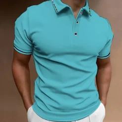 OUKU Men's Button Up Polos Golf Shirt Casual Sports Ribbed Polo Collar Classic Short Sleeve Fashion Basic Plain Button Summer Regular Fit Wine Lake Blue Black White Pink Navy Blue Button Up Polos
