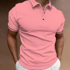 OUKU Men's Button Up Polos Golf Shirt Casual Sports Ribbed Polo Collar Classic Short Sleeve Fashion Basic Plain Button Summer Regular Fit Wine Lake Blue Black White Pink Navy Blue Button Up Polos
