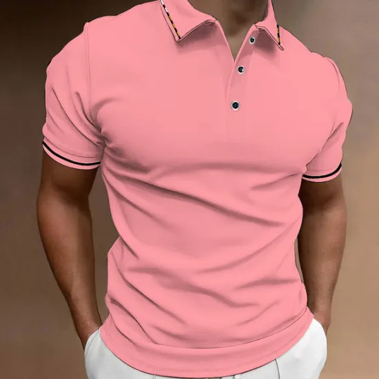 OUKU Men's Button Up Polos Golf Shirt Casual Sports Ribbed Polo Collar Classic Short Sleeve Fashion Basic Plain Button Summer Regular Fit Wine Lake Blue Black White Pink Navy Blue Button Up Polos