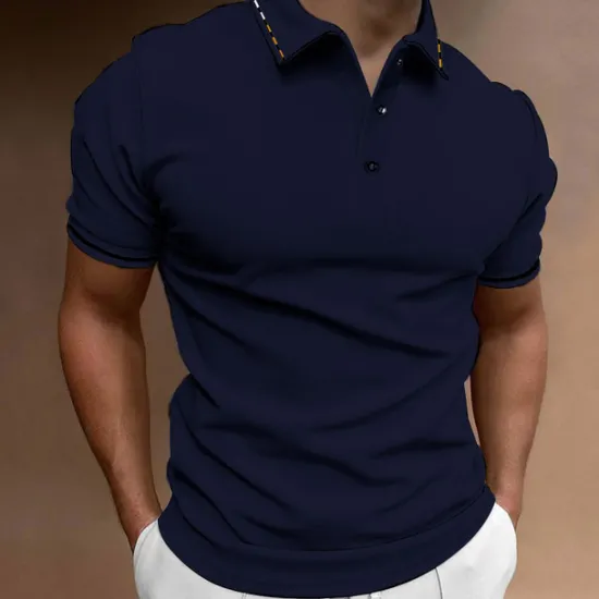 OUKU Men's Button Up Polos Golf Shirt Casual Sports Ribbed Polo Collar Classic Short Sleeve Fashion Basic Plain Button Summer Regular Fit Wine Lake Blue Black White Pink Navy Blue Button Up Polos