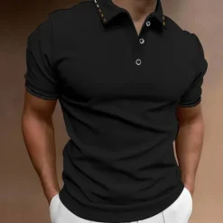 OUKU Men's Button Up Polos Golf Shirt Casual Sports Ribbed Polo Collar Classic Short Sleeve Fashion Basic Plain Button Summer Regular Fit Wine Lake Blue Black White Pink Navy Blue Button Up Polos