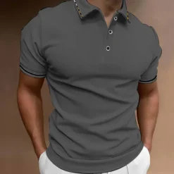 OUKU Men's Button Up Polos Golf Shirt Casual Sports Ribbed Polo Collar Classic Short Sleeve Fashion Basic Plain Button Summer Regular Fit Wine Lake Blue Black White Pink Navy Blue Button Up Polos