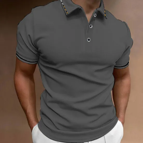 OUKU Men's Button Up Polos Golf Shirt Casual Sports Ribbed Polo Collar Classic Short Sleeve Fashion Basic Plain Button Summer Regular Fit Wine Lake Blue Black White Pink Navy Blue Button Up Polos