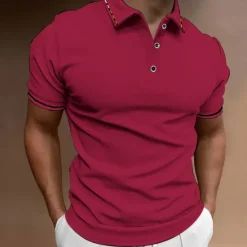 OUKU Men's Button Up Polos Golf Shirt Casual Sports Ribbed Polo Collar Classic Short Sleeve Fashion Basic Plain Button Summer Regular Fit Wine Lake Blue Black White Pink Navy Blue Button Up Polos