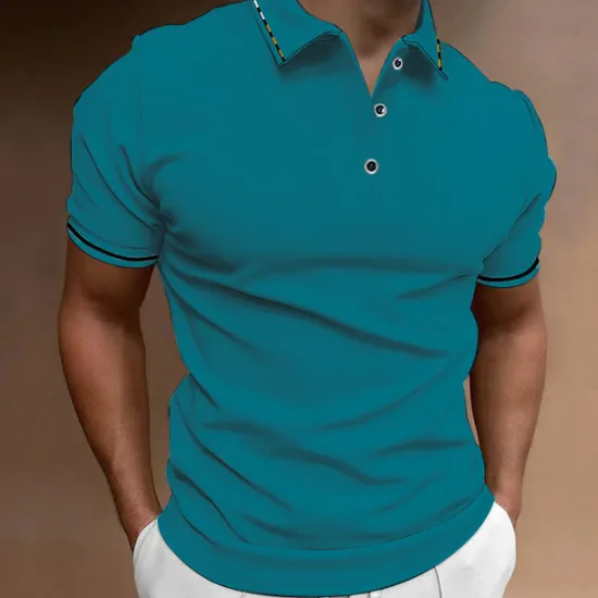 OUKU Men's Button Up Polos Golf Shirt Casual Sports Ribbed Polo Collar Classic Short Sleeve Fashion Basic Plain Button Summer Regular Fit Wine Lake Blue Black White Pink Navy Blue Button Up Polos