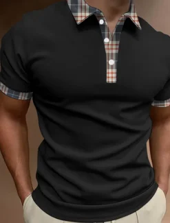 Best OUKU Men's Button Up Polos Polo Shirt Casual Sports Lapel Short Sleeve Fashion Basic Color Block Patchwork Button Summer Regular Fit Black White Red Brown Button Up Polos