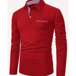 Best OUKU Men's Button Up Polos Polo Shirt Casual Sports Lapel Long Sleeve Fashion Basic Plain Patchwork Button Summer Regular Fit Black Red Navy Blue Button Up Polos