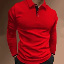 New OUKU Men's Button Up Polos Polo Shirt Casual Holiday Lapel Long Sleeve Fashion Basic Plain Button Summer Regular Fit Fire Red Black Dark navy Button Up Polos
