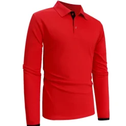 New OUKU Men's Button Up Polos Polo Shirt Casual Holiday Lapel Long Sleeve Fashion Basic Plain Button Summer Regular Fit Fire Red Black Dark navy Button Up Polos