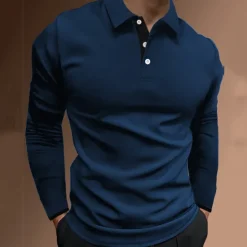 New OUKU Men's Button Up Polos Polo Shirt Casual Holiday Lapel Long Sleeve Fashion Basic Plain Button Summer Regular Fit Fire Red Black Dark navy Button Up Polos