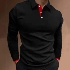 New OUKU Men's Button Up Polos Polo Shirt Casual Holiday Lapel Long Sleeve Fashion Basic Plain Button Summer Regular Fit Fire Red Black Dark navy Button Up Polos