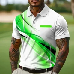 Outlet OUKU Men's Button Up Polos Street Casual Lapel Short Sleeve Fashion Modern Geometic Line Buttons Pocket Summer Blue Purple Green Gray Button Up Polos