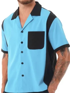 OUKU Men's Button Up Shirt Casual Shirt Bowling Shirt Camp Collar Shirt Cuban Collar Shirt Color Block Turndown White Blue Red & White Deep Blue Dark Grey Street Daily Wear Short Sleeve Patchwork