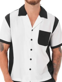 OUKU Men's Button Up Shirt Casual Shirt Bowling Shirt Camp Collar Shirt Cuban Collar Shirt Color Block Turndown White Blue Red & White Deep Blue Dark Grey Street Daily Wear Short Sleeve Patchwork
