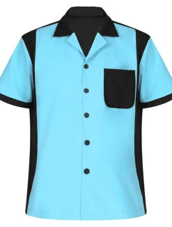 OUKU Men's Button Up Shirt Casual Shirt Bowling Shirt Camp Collar Shirt Cuban Collar Shirt Color Block Turndown White Blue Red & White Deep Blue Dark Grey Street Daily Wear Short Sleeve Patchwork