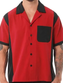 OUKU Men's Button Up Shirt Casual Shirt Bowling Shirt Camp Collar Shirt Cuban Collar Shirt Color Block Turndown White Blue Red & White Deep Blue Dark Grey Street Daily Wear Short Sleeve Patchwork