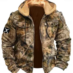 Online OUKU Men's Camo / Camouflage Cowboy Fleece Hoodies Daily Vintage Retro Long Sleeve Hooded Holiday Streetwear Zipper Pocket Fall Winter Designer Brown