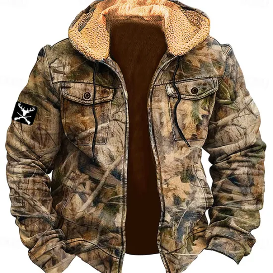 Online OUKU Men's Camo / Camouflage Cowboy Fleece Hoodies Daily Vintage Retro Long Sleeve Hooded Holiday Streetwear Zipper Pocket Fall Winter Designer Brown