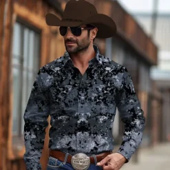 New OUKU Men's Camo / Camouflage Western Shirt Cowboy Shirt Long Sleeve Vintage Western Style Tribal Outdoor Vacation Horse Race Spring & Summer Turndown Print Button-Down Navy Blue Green