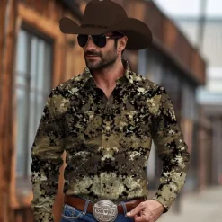 New OUKU Men's Camo / Camouflage Western Shirt Cowboy Shirt Long Sleeve Vintage Western Style Tribal Outdoor Vacation Horse Race Spring & Summer Turndown Print Button-Down Navy Blue Green