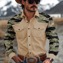 Online OUKU Men's Camo Camouflage Western Shirt Cowboy Shirt Long Sleeve Western Casual Outdoor Spring Fall Turndown 2 Pockets Black Brown Green Khaki
