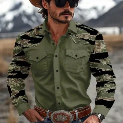 Online OUKU Men's Camo Camouflage Western Shirt Cowboy Shirt Long Sleeve Western Casual Outdoor Spring Fall Turndown 2 Pockets Black Brown Green Khaki