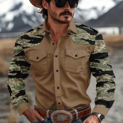 Online OUKU Men's Camo Camouflage Western Shirt Cowboy Shirt Long Sleeve Western Casual Outdoor Spring Fall Turndown 2 Pockets Black Brown Green Khaki