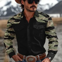 Online OUKU Men's Camo Camouflage Western Shirt Cowboy Shirt Long Sleeve Western Casual Outdoor Spring Fall Turndown 2 Pockets Black Brown Green Khaki