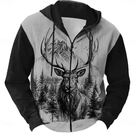 New OUKU Men's Camo Deer Hoodies Fashion Daily Long Sleeve Hooded Vacation Hunting Black Brown Drawstring Zipper Fall Winter Designer