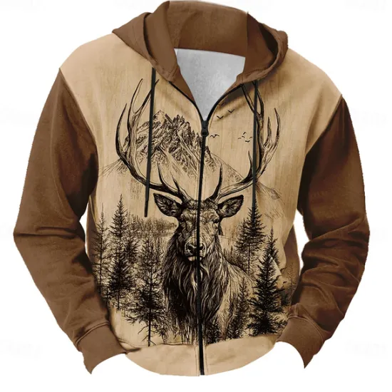 New OUKU Men's Camo Deer Hoodies Fashion Daily Long Sleeve Hooded Vacation Hunting Black Brown Drawstring Zipper Fall Winter Designer