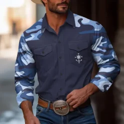 Sale OUKU Men's Camouflage Compass Shirt Western Shirt Cowboy Shirt Long Sleeve Vintage Western Style Outdoor Daily WorkWear Fall & Winter Turndown 3D Print Front Two Pockets Button Up Shirts White Blue Dark