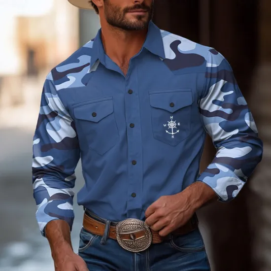 Sale OUKU Men's Camouflage Compass Shirt Western Shirt Cowboy Shirt Long Sleeve Vintage Western Style Outdoor Daily WorkWear Fall & Winter Turndown 3D Print Front Two Pockets Button Up Shirts White Blue Dark