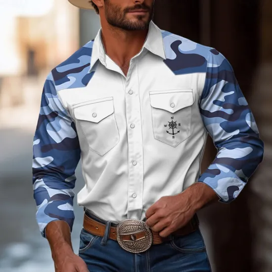 Sale OUKU Men's Camouflage Compass Shirt Western Shirt Cowboy Shirt Long Sleeve Vintage Western Style Outdoor Daily WorkWear Fall & Winter Turndown 3D Print Front Two Pockets Button Up Shirts White Blue Dark