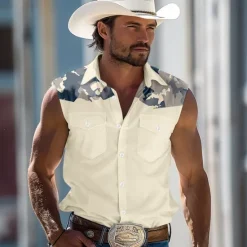 OUKU Men's Camouflage Shirt Western Shirt Cowboy Shirt Sleeveless Western Style Outdoor Work Causal Summer Spring Turndown Collared Shirts Light Khaki Blue Gray