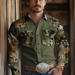 OUKU Men's Camouflage Western Shirt Cowboy Shirt Long Sleeve Western Vintage Retro Outdoor Casual Spring Fall Turndown Button Up Collared Shirts Front Two Pockets Brown Green Khaki