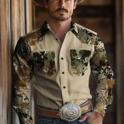 OUKU Men's Camouflage Western Shirt Cowboy Shirt Long Sleeve Western Vintage Retro Outdoor Casual Spring Fall Turndown Button Up Collared Shirts Front Two Pockets Brown Green Khaki