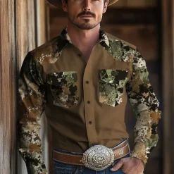 OUKU Men's Camouflage Western Shirt Cowboy Shirt Long Sleeve Western Vintage Retro Outdoor Casual Spring Fall Turndown Button Up Collared Shirts Front Two Pockets Brown Green Khaki