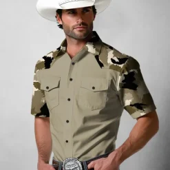 Sale OUKU Men's Camouflage Western Shirt Button Up Shirt Cowboy Shirt Long Sleeve Western Vintage Retro Outdoor Casual Spring Fall Turndown Collared Shirts Front Two Pockets Dark Khaki Brown Khaki