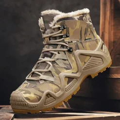 Best OUKU Men's Camouflage Winter Hiking Boots with Fur Lining – Waterproof Insulated Outdoor Snow Boots Khaki