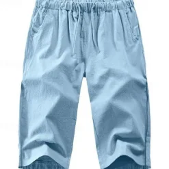 Clearance OUKU Men's Capri Pants Linen Shorts Summer Shorts Beach Shorts Pocket Drawstring Elastic Waist Plain Comfort Breathable Calf-Length Vacation Holiday Beach Hawaiian Boho Black White