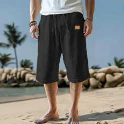 Best OUKU Men's Capri Pants Linen Shorts Summer Shorts Beach Shorts Pocket Drawstring Elastic Waist Plain Comfort Breathable Calf-Length Vacation Holiday Beach Hawaiian Boho Black White Micro-elastic