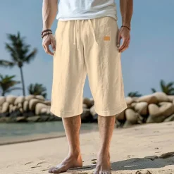 Best OUKU Men's Capri Pants Linen Shorts Summer Shorts Beach Shorts Pocket Drawstring Elastic Waist Plain Comfort Breathable Calf-Length Vacation Holiday Beach Hawaiian Boho Black White Micro-elastic