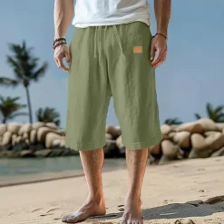 Best OUKU Men's Capri Pants Linen Shorts Summer Shorts Beach Shorts Pocket Drawstring Elastic Waist Plain Comfort Breathable Calf-Length Vacation Holiday Beach Hawaiian Boho Black White Micro-elastic