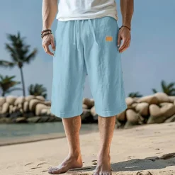 Best OUKU Men's Capri Pants Linen Shorts Summer Shorts Beach Shorts Pocket Drawstring Elastic Waist Plain Comfort Breathable Calf-Length Vacation Holiday Beach Hawaiian Boho Black White Micro-elastic
