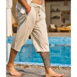 New OUKU Men's Capri Pants Linen Shorts Summer Shorts Beach Shorts Harem Pants Pocket Drawstring Elastic Waist Plain Comfort Breathable Calf-Length Vacation Holiday Beach Hawaiian Boho Black White