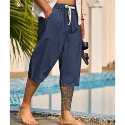 New OUKU Men's Capri Pants Linen Shorts Summer Shorts Beach Shorts Harem Pants Pocket Drawstring Elastic Waist Plain Comfort Breathable Calf-Length Vacation Holiday Beach Hawaiian Boho Black White