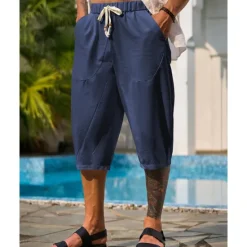 New OUKU Men's Capri Pants Linen Shorts Summer Shorts Beach Shorts Harem Pants Pocket Drawstring Elastic Waist Plain Comfort Breathable Calf-Length Vacation Holiday Beach Hawaiian Boho Black White